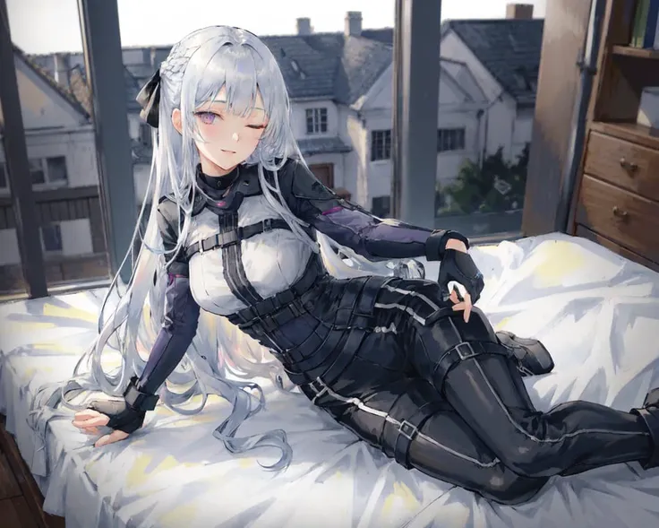 ak-12 \(girls' frontline\), 1girl, arm under breasts, mechanical eye, purple eyes, artificial eye, bangs, black gloves, (black pants:1.2), braid, fingerless gloves, french braid, full body, gloves, grey hair, hair ribbon, indoors, large breasts, long hair, long sleeves, looking at viewer, lying, on side, one eye closed, partially fingerless gloves, ribbon, shirt, sidelocks, smile, solo, thigh strap, white shirt