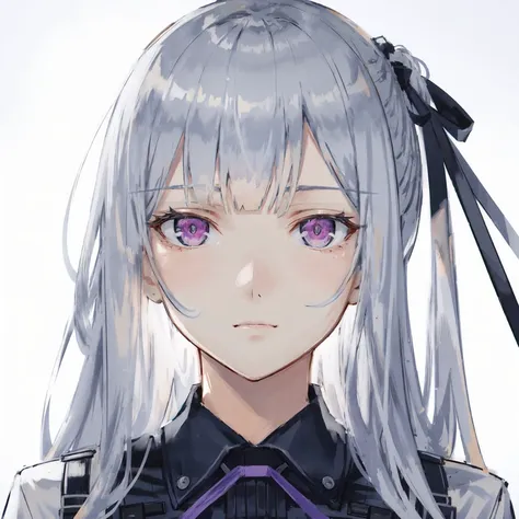 ak-12 \(girls' frontline\), bangs, blunt bangs, mechanical eye, purple eyes, artificial eye, closed mouth, long hair, sidelocks, (face focus, close-up:1.2), hair bow, black bow, nude