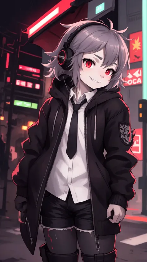 chibi, A highly detailed portrait of a solo 1girl standing on a street corner, during a rainstorm with lightning strikes and a cloudy sky, neon and cyberpunk background, she is wearing punk clothes with silver chains and silver spikes, she has a butterfly wing hairclip in her wild hair, she has headphones and a necktie on, petite, detailed glowing red eyes with distinct pupils, ominous aura Halo, smile, punk, cyberpunk, backlighting, chromatic aberration, depth of field, soft lighting, masterpiece, best quality, intricate, tone mapped, highly detailed, artstation, concept art, smooth, sharp focus, dramatic lighting, highly detailed artwork, cinematic, hyper realistic painting, trending on Artstation, 8K, incredible shadows, realistic, (highly detailed background:1.0)