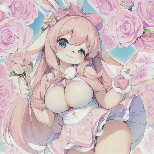 (best quality:1.2), (ultra-detailed:1.0), (cute:1.3), (feminine:1.3), (fluffy:1.2), (bright colors:1.1), (pastel colors:1.1), (kawaii:1.2), (chibi:1.1),
(pink fur:1.3), (white fur:1.1), (rabbit:1.3), (bunny:1.2), (large breasts:1.3), (curvy body:1.2), (sexy pose:1.2), (cute outfit:1.1), (flower dress:1.2), (bow headband:1.1), (holding flowers:1.1), (happy expression:1.2),
(background: floral garden, blue sky:1.2),
(furry:1.1), (anthro:1.1), (female:1.2), (solo:1.2).