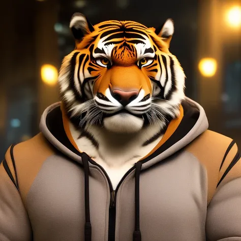 furrender style, portrait of a large muscular male siberian tiger, wearing hoodie, movie set background, orange eyes, photorealistic, 35mm, cinematic lighting and color grading, key light, sharp focus, depth of field background, extreme detail, 4k, (soft lighting:1.4)