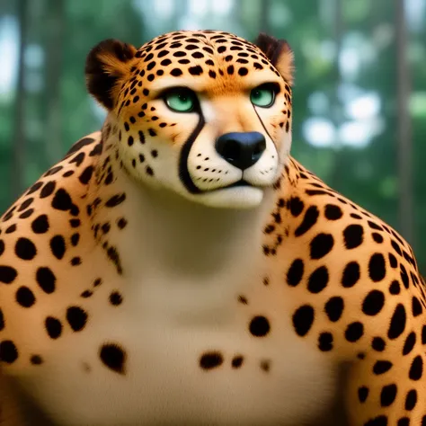 furrender style, portrait of a large muscular male cheetah, wearing no shirt, forest background, deep green eyes, photorealistic, 35mm, cinematic lighting and color grading, key light, sharp focus, depth of field background, extreme detail, 4k, (soft lighting:1.4)