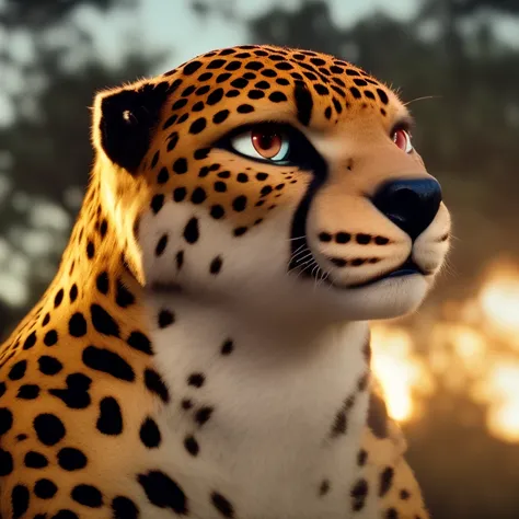 furrender style, portrait of a large muscular male cheetah, wearing leather jacket, farm background, red eyes, photorealistic, 35mm, cinematic lighting and color grading, key light, sharp focus, depth of field background, extreme detail, 4k, (soft lighting:1.4)