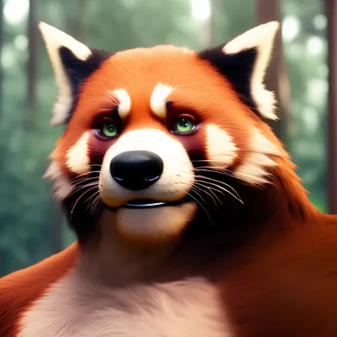 furrender style, portrait of a large muscular male red panda, wearing tank top, colorful forest background, deep green eyes, photorealistic, 35mm, cinematic lighting and color grading, key light, sharp focus, depth of field background, extreme detail, 4k, (soft lighting:1.4)