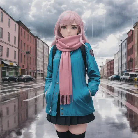 masterpiece, best quality, highly detailed,1girl, building, city, cityscape, cloud, cloudy_sky, day, jacket, long_hair, outdoors, overcast, pink_hair, pouch, rain,   scarf, scenery, sky, skyscraper, thighhighs, looking at viewer, facing viewer, street,