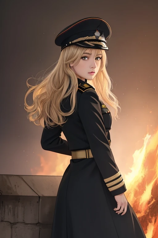 trending on ArtStation, trending on CGSociety, Intricate, High Detail, Sharp focus, dramatic, photorealistic painting art by midjourney and greg rutkowski, (Gloomy dim yellow light), A blonde girl wears a German military uniform, (The girl wore a black German military uniform), ((The girl looked disgusted)), The girl was expressionless, (The girl was draped in a black cloak), ((((Flames burned behind the maiden)))), (There is battlefield behind the girl), (((Bloody))), (((beautiful detailed German military uniform))), ((German military uniform)), beautiful detailed girl, Perfect face, feet out of frame, ((Perfect body)), straight-on, ((solo)), red eyes, curly hair, ((backlight)), Girl on the center axis of the picture, small breasts, (The character is in the center of the frame), Girl on the center axis of the picture, (extremely detailed CG unity 8k wallpaper, masterpiece, best quality, ultra-detailed), (best illumination, best shadow, an extremely delicate and beautiful), dynamic angle, floating, finely detail, (bloom), (shine), glinting stars, classic