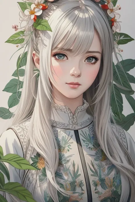 trending on ArtStation, trending on CGSociety, Intricate, High Detail, Sharp focus, dramatic, photorealistic painting art by midjourney and greg rutkowski, Sketch, masterpiece, best quality, extremely detailed, 1girl, full body, beautiful detailed eyes, cute anime face, full body, beautiful detailed face, white hair, (Botanical illustration:1.5), white dress