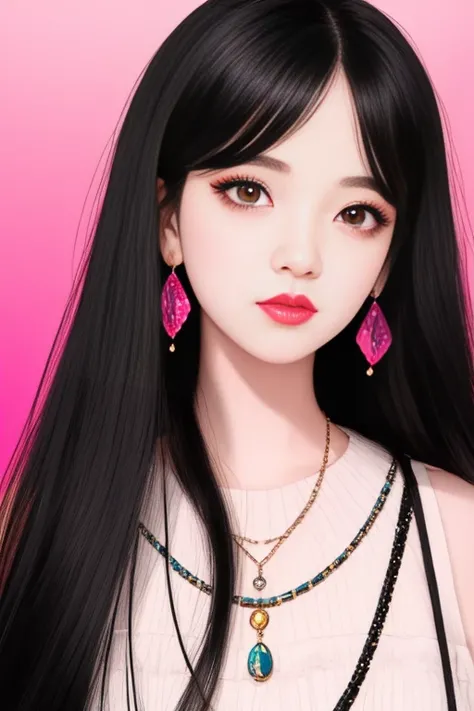 1girl, black_hair, eyelashes, gradient, gradient_background, jewelry, lips, long_hair, looking_at_viewer, nose, pink_background, portrait, solo