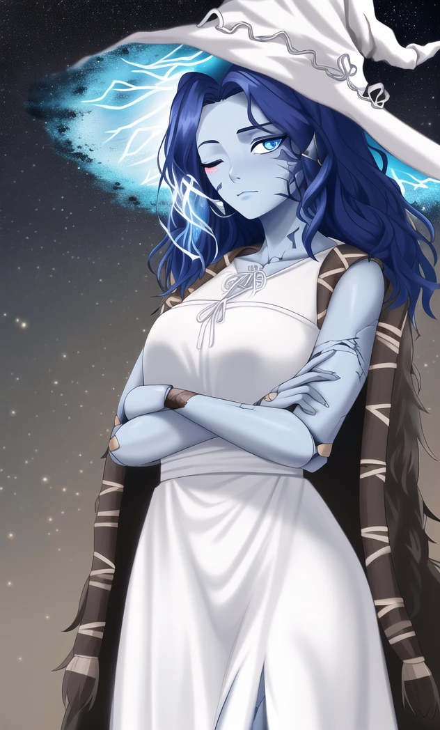best quality, 1girl, (extra arms), blue eyes, one eye closed, looking at viewer, crossed arms, white dress, covering crotch, doll joints, full moon background, witch hat, corneo_ranni