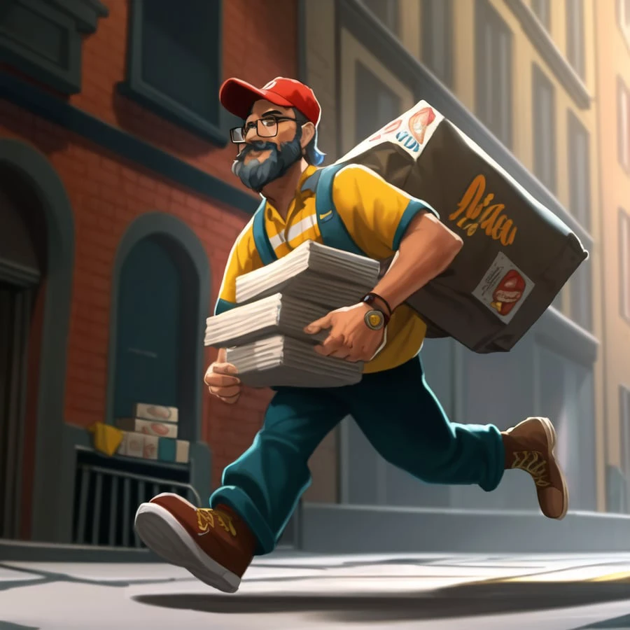 ((Masterpiece)) (Illustration:1.3) 1male, 60 year old Pizza Delivery Guy wearing a red hat and a glasses and yellow tshirt with white strip and oversize teal pants and brown boot, running in store complex, alley , he is carrying Big Pizza bag, atmospheric lighting