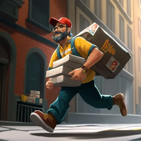 ((Masterpiece)) (Illustration:1.3) 1male, 60 year old Pizza Delivery Guy wearing a red hat and a glasses and yellow tshirt with white strip and oversize teal pants and brown boot, running in store complex, alley ,  he is carrying Big Pizza bag, atmospheric lighting