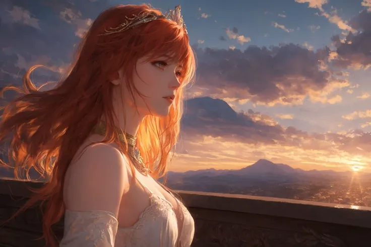8k,(sexy:1.2), lingerie, portrait of a girl , (ginger hair:1.1), long hair blowing in the wind, green eyes, leaning with upper body on a medieval railing in front, head on hands, small village on a mountain below, (tiara) , longing look, contemplative, shot from below, particle effects, (sunset), medium breasts, Albert Lynch, J. C. Leyendecker, Ruan Jia, Gaston Bussiere, Alexandre Cabanel, WLOP, Masterpiece, volumetric lighting, hd, (chromatic aberration), detailed pupils, dual tone, fov, ((realistic)), (wlop), cowboy shot, (intricate), contrast, vivid colors, leaning forwards, mountains in background, (sunset:1.2), nude, (wlop, nixeu)