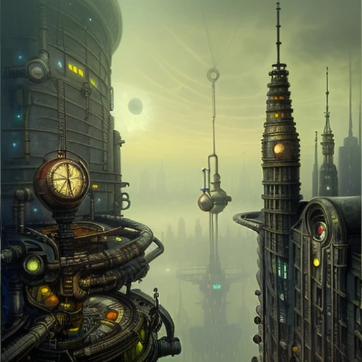 Steampunk futuristic warsaw in 2055 landscape without humans newhorrorfantasy_style