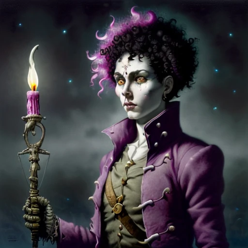 (newhorrorfantasy_style: 1.3), (a traveling post-apocalyptic merchant androgynous woman:1.2) (with short curly black hair:1.5), (wearing patched together magenta clothing with bright blue accents:1.2), (in a post-apocalyptic world:1.2), (at a makeshift camp in the wilderness:1.3), modernist, vaporwave, satanic, evil, brass, silver, lamp lighting, infrared, candle light, insanely detailed, 8K resolution