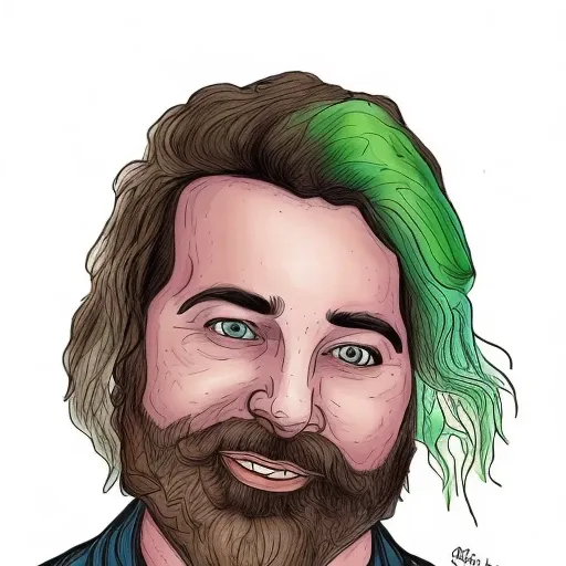 dskyart1, incredible masterpiece,a drawing of a man with a green hair and beard and a beard  and a green shirt, Alex Brightman, Beetlejuice the musical, digital art, a character portrait, dnd character art portrait,  looking at the camera, a character portrait, digital colors,  ligne claire, cinematic,  dskyart1