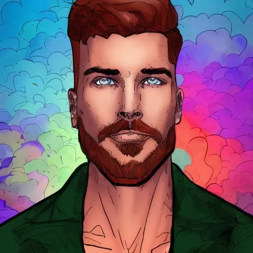 dskyart1,a drawing of a man with blonde and ginger hair and green eyes ,looking at the camera, a character portrait, comic book style,  digital colors,  ligne claire, cinematic,  dskyart1