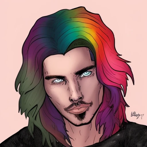 dskyart1, incredible masterpiece, a drawing of a man with rainbow hair and green eyes ,looking at the camera, a character portrait, comic book style,  digital colors,  ligne claire, cinematic,  dskyart1