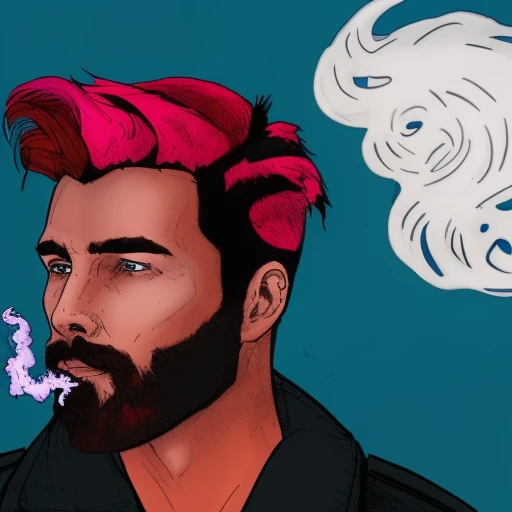 dskyart1, incredible masterpiece, a drawing of a man with pink hair and blue shirt on a dark background with smoke coming from the back, looking at the camera, a character portrait, comic book style,  digital colors,  ligne claire, cinematic,  dskyart1