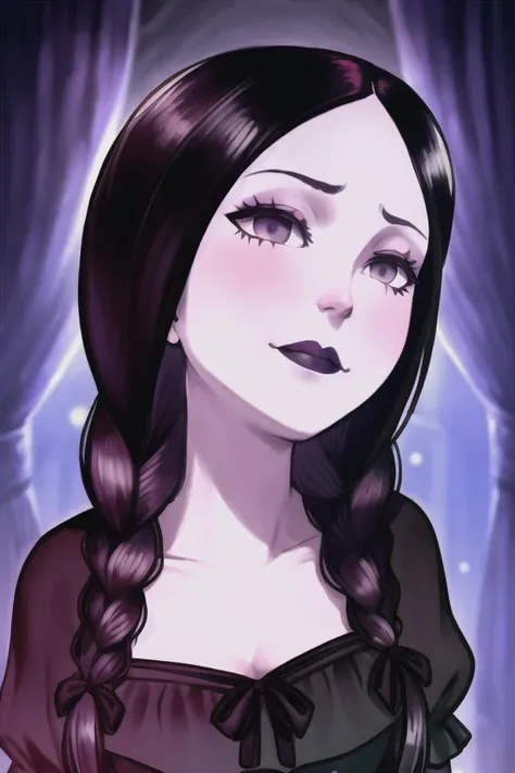Wednesday Adams, the iconic and gothic character from The Addams Family. The costume should be highly detailed and accurately depict Wednesday's appearance and features, including her distinctive black dress and braids. The image should show Wednesday in a stoic and introspective pose, with her body posture and facial expression conveying her intelligence and wit. The lighting should be natural and atmospheric, and the overall aesthetic should be gothic and mysterious. The image should be rendered in a realistic style, using vibrant and lifelike colors and highly detailed textures. The composition should be dynamic and engaging, with Dora's costume serving as the main focus of the image.