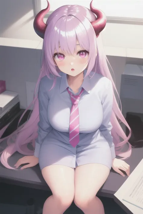 best quality,highly detailed,ultra-detailed,masterpiece,illustration,beautiful detailed eyes, Anime, Moe,(((illustration))), (((solo))), ((1girl)),(oppai 3.0),(loli,female child, children body, ((toddler body)),  ((Succubus)), ((hotpink eyes)),(((lilac hair))),[long hair],[[[wavy hair]]],(((shiny skin))), [[large breasts]], light blush, ((antelope horns)), (((office lady))),necktie,