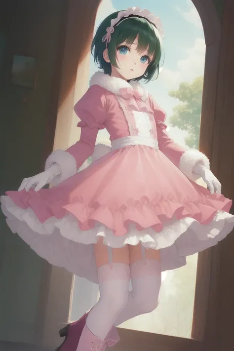 best quality,highly detailed,ultra-detailed,masterpiece,illustration,beautiful detailed eyes, Anime, Moe,(((illustration))), (((solo))), ((1boy)), children body, toddler body, Futanari, Otoko no Ko, ((Incubus)),
((deepblue eyes)),(((darkgreen hair))),((((very short hair)))),[[white skin]],(((shiny skin))), ((flat chest)), light blush,
scarf, fur trim, ((Sweet ta)),ballgown, puffy sleeves,(((pink dress))),(crinoline dress), garter belt, stripe thighhighs, ankle boots, gloves,