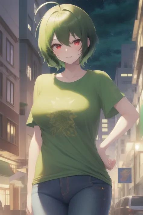 best quality,highly detailed,ultra-detailed,masterpiece,illustration,beautiful detailed eyes, Anime, Moe,game cg,(((illustration))), solo, 1girl,
((red eyes)),(((green hair))),((((very short hair)))),long ahoge, ((((asymmetrical flipped hair)))),((seductive smile)), spiked bangs,(((asymmetrical hair))),(white skin), (((shiny skin))),((perky breasts)), large breasts, light blush,
((((green t-shirt)))), ((half-jean)), (((night))),high-rise building,