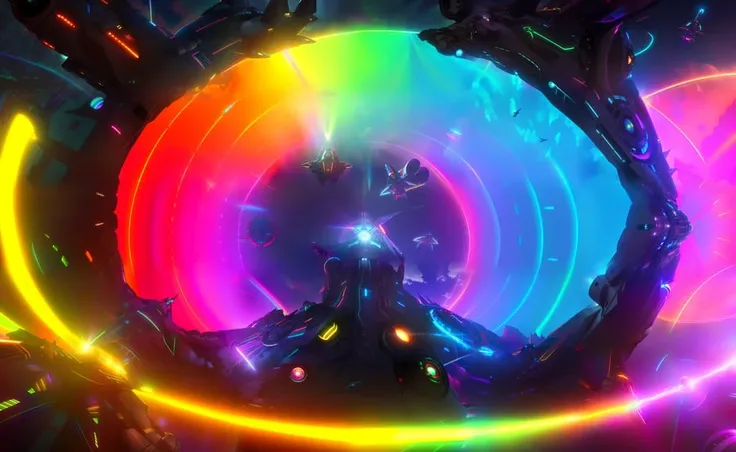 (vibrant over saturated! rainbow portal! sharp focus! Includes with splashes of neon clouds Spaceship on flat plain with anamorphic lens flares and colorful aesthetic:1.3), trending on ArtStation. Features a spaceship window, zeppelin dock, and nebula reflections, set in the 2070s with and panoramic anamorphic design, and a highly detailed wide shot from a 2019 sci-fi 8K ." (sharp focus, wide angel lens, ultra-realistic wide shot of a spaceship battle with neon reflections, detailed composition:1.5)
wanostyle <lora:wano:0.2>