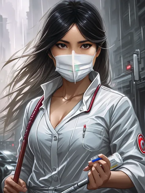 female  nurse holding medicines, asia woman, wearing medical mask, heavy rain, wind, thunder, reflections, deep focus,  fantasy, intricate, elegant, highly detailed, digital painting, artstation, concept art, matte, sharp focus, illustration, hearthstone, art by artgerm and greg rutkowski and alphonse mucha
