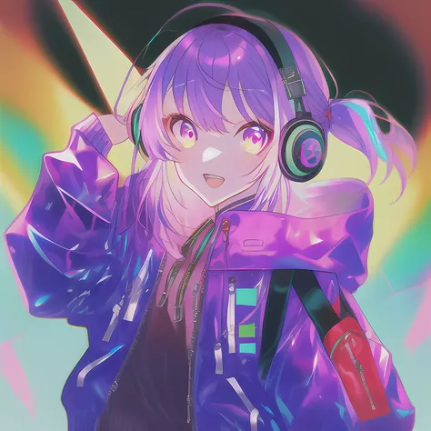 pixiv, hyper detailed, harajuku fasion, futuristic fashion, anime girl, headphone, ((colorful reflective fabric inner)), (((transparent PVC jacket))), backpack