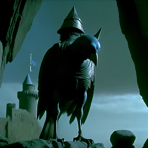 a crow flying around a castle in 80sdarksouls style