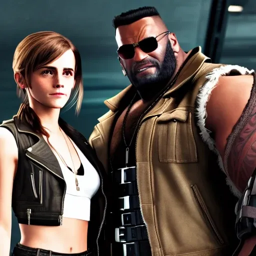 emma watson standing next to barret wallace, both looking at the camera