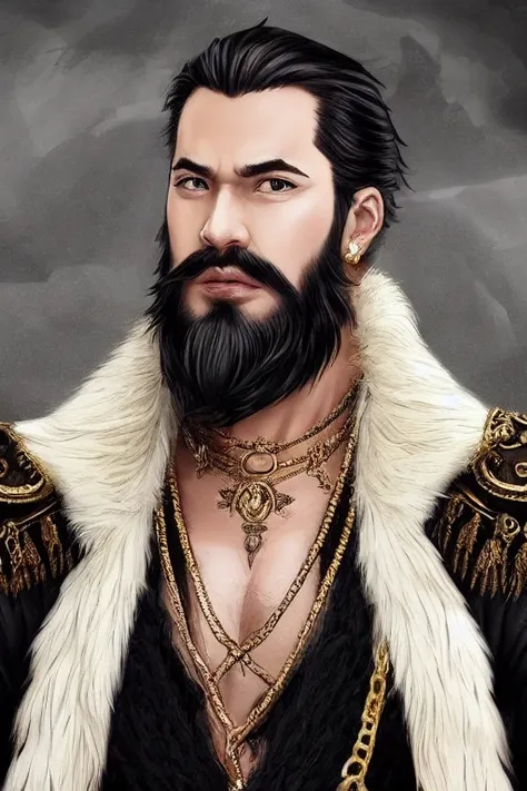 A noble- warlord+ with a refined beard, blonde, baroque, shirtless-, gold chains, (slave driver)++, hairy chest, barbaric+, regal, (sexy+ dominant pose)+, wild+, aggressive++, angry++, real life skin, intricate, elegant, detailed, artstation, evil, smooth, sharp focus, art by artgerm and greg rutkowski and alphonse mucha