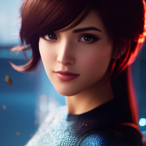 portrait, centered, sexy cute brunette woman, 3D, 3d art, 4k, 8 k artistic photography, award-winning photograph, trending on Artstation, Beautiful, 8k resolution, insanely detailed, Intricate, Behance, Cinematic, dramatic atmosphere, cinematic lighting, digital art, dramatic angle, Dramatic light by denis villeneuve, [mix style "pixar and artgerm and dreams work"], Elegant, ethereal lighting, octane render, dynamic lighting, digital painting, extreme plus resolution, fake detail, full image, full of details, global illumination, golden ratio, golden warm light, high contrast, high detail, high res, highly detailed, hyper detailed, intricate details, Masterpiece, perfect composition, photorealistic concept art, Professional, ray tracing, rich deep colors, Saturated, sharp focus, sharp lighting, soft natural volumetric cinematic perfect light, studio photo, studio quality, Stylize, super detail, Symmetry, trending on pixiv fanbox, ultra detail, ultra detailed, unreal engine 5, volumetric lighting