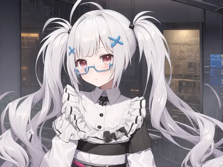 masterpiece, best quality, vr-koxia, twintails, glasses, train, full body
