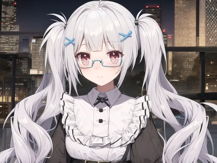 masterpiece, best quality, vr-koxia, twintails, glasses, city, full body