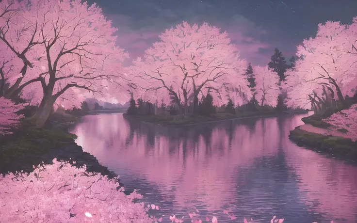 (best quality, masterpiece), (night strray sky, river behind, huge old trees behind, falling glowing pink petals behind, )