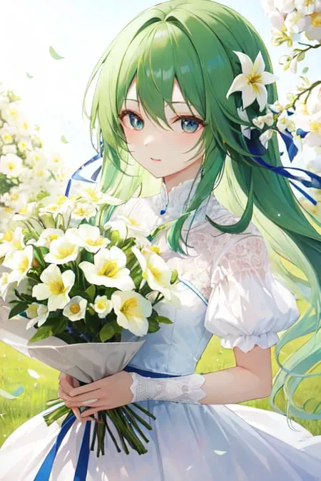 1girl, solo, flowers, green hair, white flowers in background, shiny hair, flower bouquet, tone mapped, high contrast, strings, love, heart