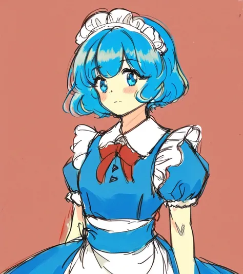 ((anime:1.2), exceptional, best aesthetic, new, newest, best quality, masterpiece, detailed:1.2),
1girl, sketch, colored pencil \(medium\), short hair, blue hair, blue eyes, dress, maid