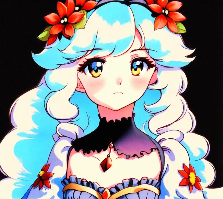 ((anime:1.2), exceptional, best aesthetic, new, newest, best quality, masterpiece, detailed:1.2), illustration
highres, best quality, illustration, 1 girl, mature female, small breasts, beautiful detailed eyes, long sleeves, frills, no shadow, simple background, bright skin, 1990s (style), flower print