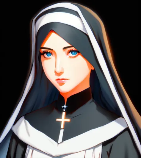 ((anime:1.2), exceptional, best aesthetic, new, newest, best quality, masterpiece, detailed:1.2)
nun, mature female, by Antonio J. Manzanedo, by Jeremy Lipking, dark background, art by ken sugimori, art by kentaro miura, art by tony taka, art by yoji shinkawa