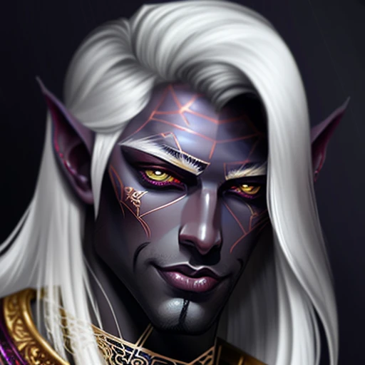 Close-up Portrait of a persian male Drow Person wearing golden jewelry, Spiders:0.9, webs:1.0, Fantasy, Volumetric lighting, concept art, brush stroke style, artstation, trending, highly detailed, art by greg rutkowski