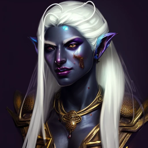 Close-up Portrait of a Mycenaean female Drow Person wearing golden jewelry, Spiders:0.9, webs:1.0, Fantasy, Volumetric lighting, concept art, brush stroke style, artstation, trending, highly detailed, art by greg rutkowski