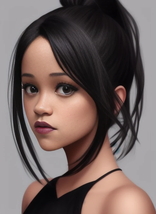 hyperrealistic (1girl) portrait of (Jenna Ortega:1.2) with a (hair ribbon) and (side ponytail) wearing a (black_gothic_dress), (serious), (frown), on a (simple background),(cowboy_shot), photorealistic, artstation, 4k, award winning, art by greg rutkowski