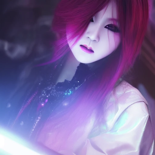 1girl, solo,  visual kei, japanese, asian, foggy neon futuristic,  portrait style, looking_at_viewer, cinematic lighting, photorealistic, eyeliner, makeup, emotional,  highly detailed, wide shot, sharp focus,  art by artgerm, ring light, rim lighting, octane render, vskeei1