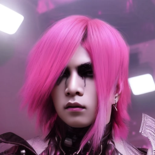 1boy, solo, male_focus, visual kei, japanese, asian, foggy neon futuristic,  rock star portrait style, looking_at_viewer, cinematic lighting, photorealistic,  pink hair,  eyeliner, makeup, emotional,  highly detailed, wide shot, sharp focus,  art by artgerm, ring light, rim lighting, octane render, vskeei1