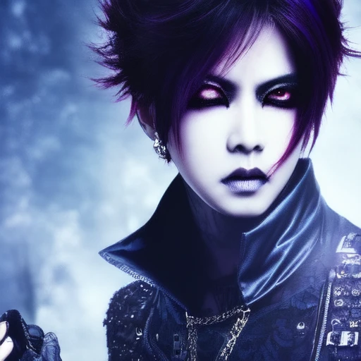 1boy, male_focus, visual kei, asian, foggy futuristic,  magazine portrait style, cinematic lighting, photorealistic, gothic punk elements, eyeliner, makeup, intricate, realistic,  volumetric light and shadow, emotional,  highly detailed,sharp focus,  art by artgerm, ring light, rim lighting, octane render, vskeei1