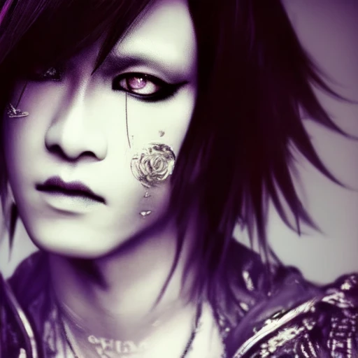 1boy, male_focus, visual kei, asian, foggy futuristic,  magazine portrait style, cinematic lighting, photorealistic, gothic punk elements, eyeliner, makeup, intricate, realistic,  volumetric light and shadow, emotional,  highly detailed,sharp focus,  art by artgerm, ring light, rim lighting, octane render, vskeei1