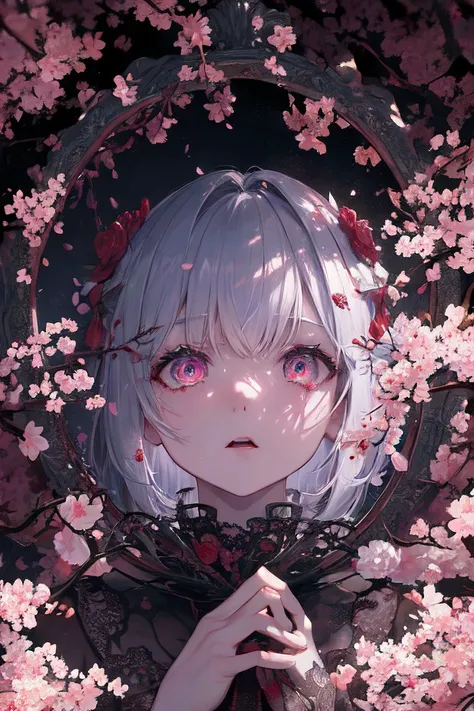 intricate details,anime poster, ((masterpiece,best quality)), ((cinematic light)), hell in mirror, scary,horror anime \(style\), cherry blossom tree,gloomy atmosphere,detailed background, beautiful detailed eyes,