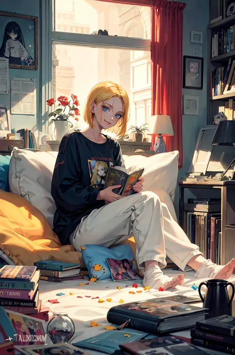 best quality, 1woman, solo, hot, adult,android 18, blonde hair, blue eyes, short hair, piercing eyes, perfect body, 25 years old, sexy, alluring, sitting, sofa, playful, sofa, living room, cozy, cheerful, posters, pillows, blankets, lava lamp, desk, chair, cozy atmosphere, bright colors, soft pastels, flowers, plants, books, novels, plushies, figurines, posters, pictures, posters, wall scrolls, stickers, decorations, bed, blankets, pillows, warm blankets, comfortable clothes, casual attire, leisure wear, sweatshirt, sweatpants, shorts, t-shirt, tank top, socks, curvy legs <lora:android18DragonBall_one:0.7> <lora:KinuNishimura_e8:0.2>