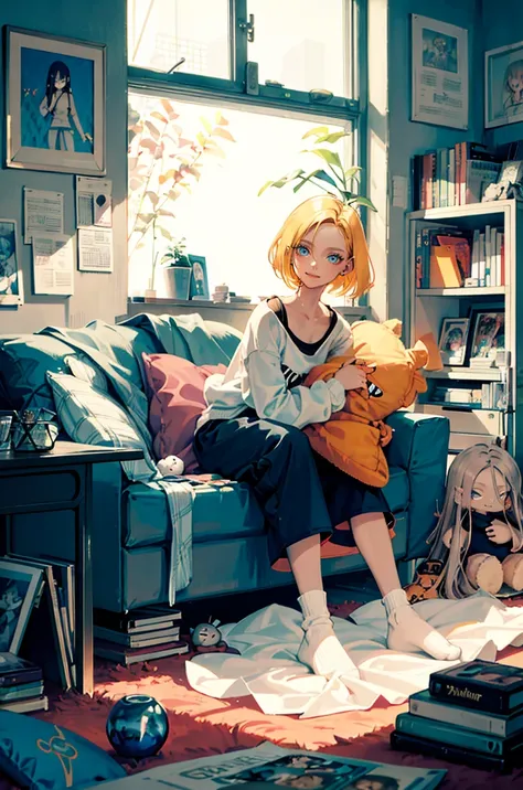 best quality, 1woman, solo, hot, adult,android 18, blonde hair, blue eyes, short hair, piercing eyes, perfect body, 25 years old, sexy, alluring, sitting, sofa, playful, sofa, living room, cozy, cheerful, posters, pillows, blankets, lava lamp, desk, chair, cozy atmosphere, bright colors, soft pastels, flowers, plants, books, novels, plushies, figurines, posters, pictures, posters, wall scrolls, stickers, decorations, bed, blankets, pillows,  warm blankets, comfortable clothes, casual attire, leisure wear, sweatshirt, sweatpants, shorts, t-shirt, tank top, socks, curvy legs  <lora:android18DragonBall_one:0.7>  <lora:KinuNishimura_e8:0.2>